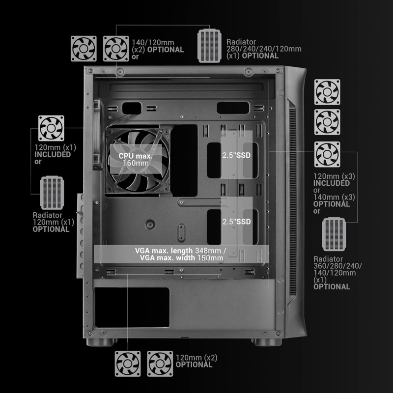 Mars Gaming MC-NEO, Torre Gaming XXL E-ATX, Finestra Frontale e Laterale Vetro Temperato, 4 Ventole ARGB 120mm + Ventola 120mm, Sistema CPU Freezer, Nero