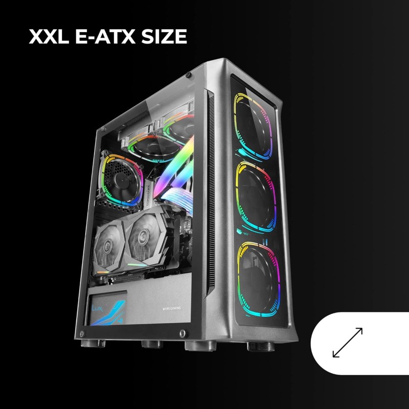 Mars Gaming MC-NEO, Torre Gaming XXL E-ATX, Finestra Frontale e Laterale Vetro Temperato, 4 Ventole ARGB 120mm + Ventola 120mm, Sistema CPU Freezer, Nero