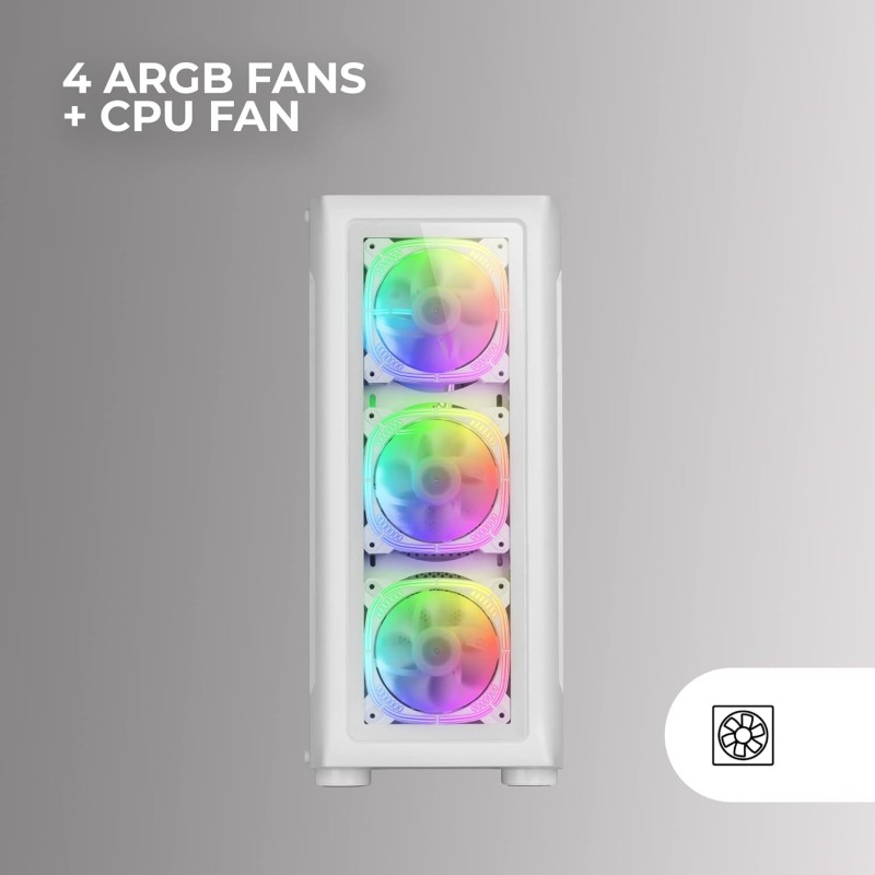Mars Gaming MC-NEO, Torre Gaming XXL E-ATX, Finestra Frontale e Laterale Vetro Temperato, 4 Ventole ARGB 120mm + Ventola 120mm, Sistema CPU Freezer, Bianco