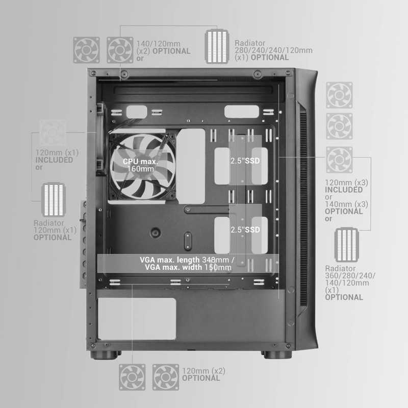 Mars Gaming MC-NEO, Torre Gaming XXL E-ATX, Finestra Frontale e Laterale Vetro Temperato, 4 Ventole ARGB 120mm + Ventola 120mm, Sistema CPU Freezer, Bianco