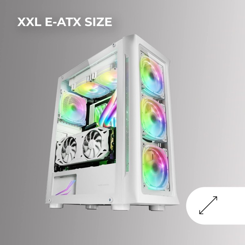Mars Gaming MC-NEO, Torre Gaming XXL E-ATX, Finestra Frontale e Laterale Vetro Temperato, 4 Ventole ARGB 120mm + Ventola 120mm, Sistema CPU Freezer, Bianco