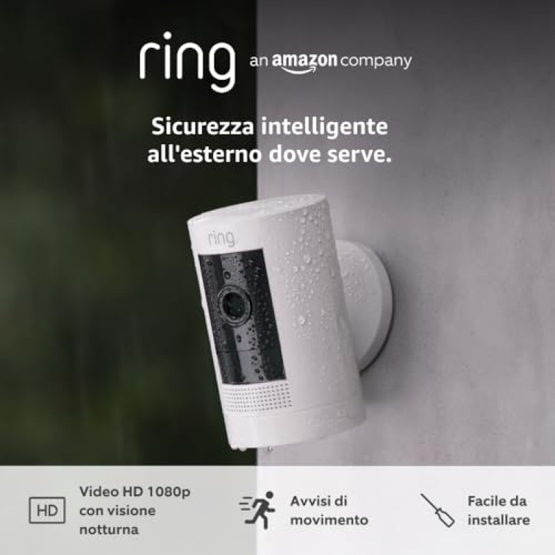 Ring videocamera esterna a batteria (Stick Up Cam) | Telecamera di sorveglianza wifi senza fili per esterno con 1080p HD video, audio bidirezionale, fai-da-te | Ring Home: 30 gg. prova gratuita - Bianco