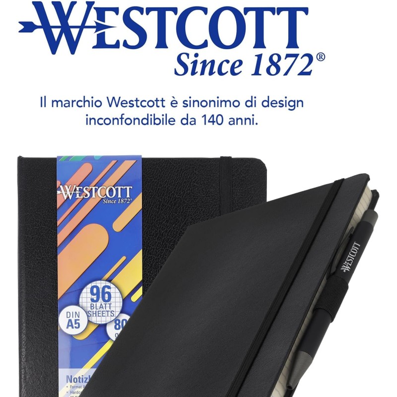 Westcott Taccuino DIN A5 quadrato | 192 pagine in elegante copertina rigida | carta FSC-mix sostenibile da 80 g/m² | con tasca interna, segnalibro e portapenne | E-744836 00 - A5 Westcott Taccuino DIN A5 quadrato | 192 pagine in elegante copertina rigida | carta FSC-mix sostenibile da 80 g/m² | con tasca interna, segnalibro e portapenne | E-744836 00 - A5