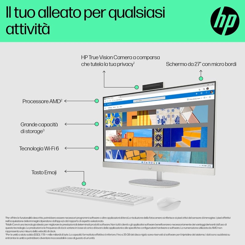 HP 27-cr0001sl All-in-One, AMD Ryzen 5 7520U, 8GB RAM LPDDR5, 512GB SSD NVMe, AMD Radeon Integrata, Display da 27" FHD IPS, Wi-Fi, Audio Integrato da 2W, Windows 11, Non è Touch, Bianco - 27" HP 27-cr0001sl All-in-One, AMD Ryzen 5 7520U, 8GB RAM LPDDR5, 512GB SSD NVMe, AMD Radeon Integrata, Display da 27" FHD IPS, Wi-Fi, Audio Integrato da 2W, Windows 11, Non è Touch, Bianco - 27"