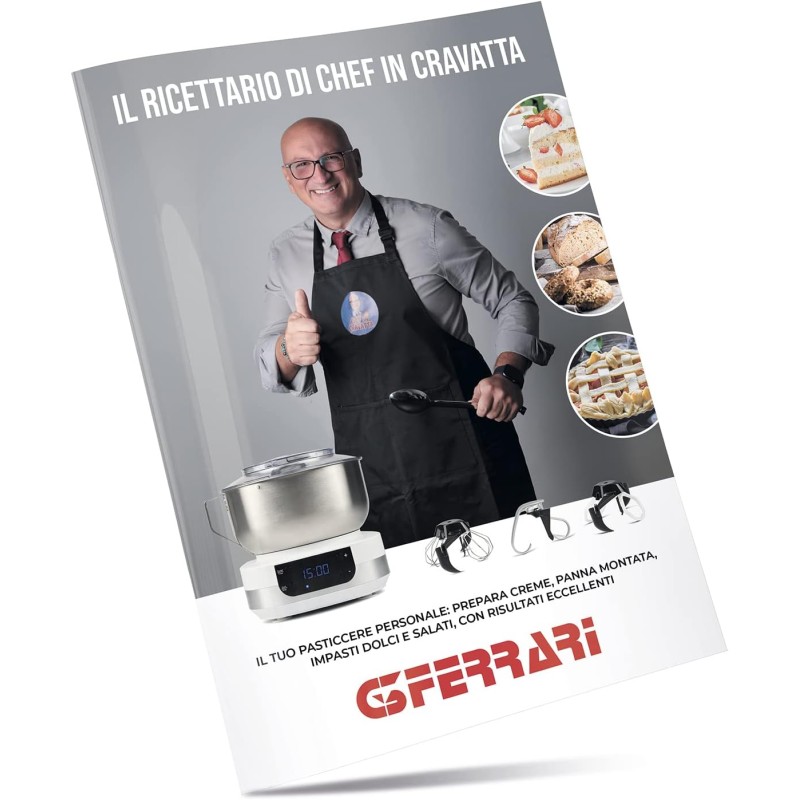 G3 Ferrari G20145 Impastatrice Planetaria Pastaio Gourmet, 1500 Watt, 5 Litri, Ciotola Inox con maniglia, Display digitale, 5 velocità, Timer, Ricettario incluso - Bianco/Inox G3 Ferrari G20145 Impastatrice Planetaria Pastaio Gourmet, 1500 Watt, 5 Litri, Ciotola Inox con maniglia, Display digitale, 5 velocità, Timer, Ricettario incluso - Bianco/Inox