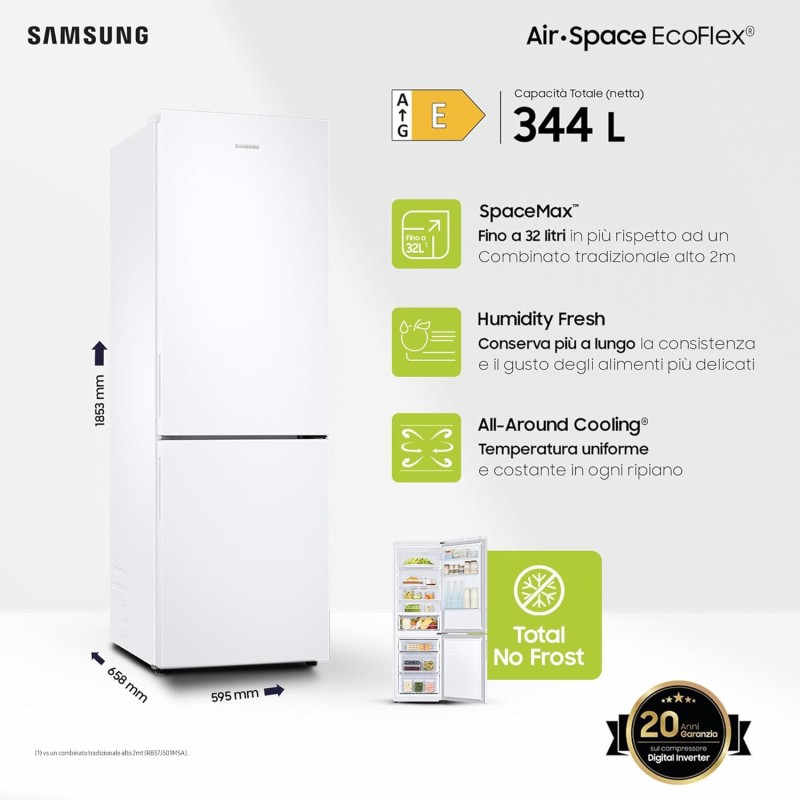 Samsung EcoFlex RB33B610EWW/EF Frigorifero Combinato, Tecnologia SpaceMax, Total No Frost, All Around Cooling, Motore Digital Inverter Garantito 20 Anni, 344 L, LxAxP: 59,5 x 185,3 x 65,8 cm, Bianco - Bianco