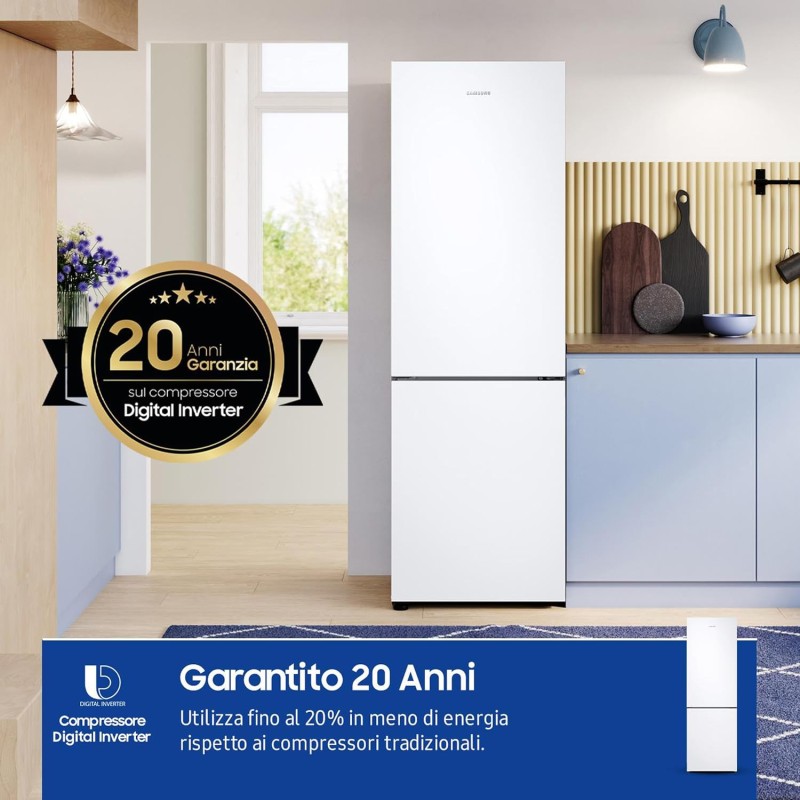 Samsung EcoFlex RB33B610EWW/EF Frigorifero Combinato, Tecnologia SpaceMax, Total No Frost, All Around Cooling, Motore Digital Inverter Garantito 20 Anni, 344 L, LxAxP: 59,5 x 185,3 x 65,8 cm, Bianco - Bianco