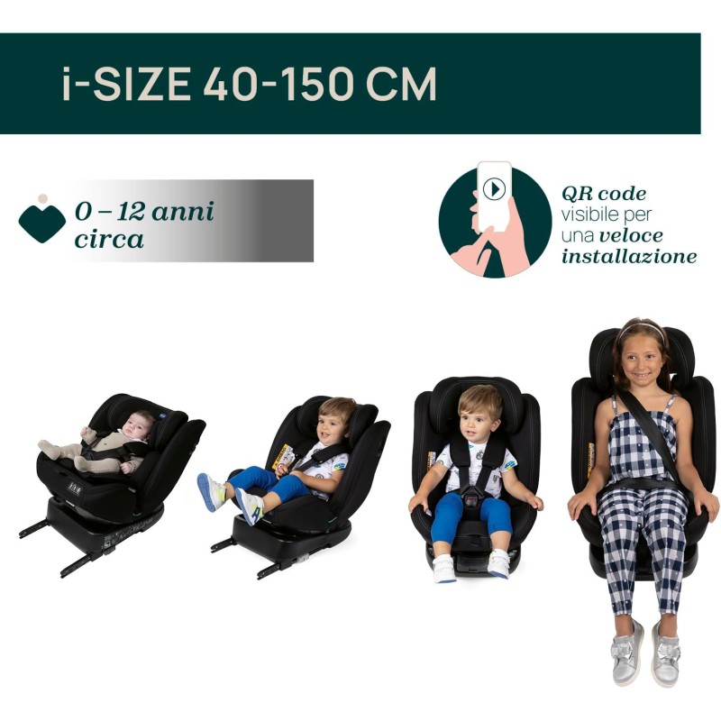 Chicco Unico Evo I-Size, Seggiolino Auto 0-36 Kg, omologato ECE R129/03, Isofix Girevole A 360° E Reclinabile, Gruppo 0+/1/2/3 Da 0 A 12 Anni - Nero