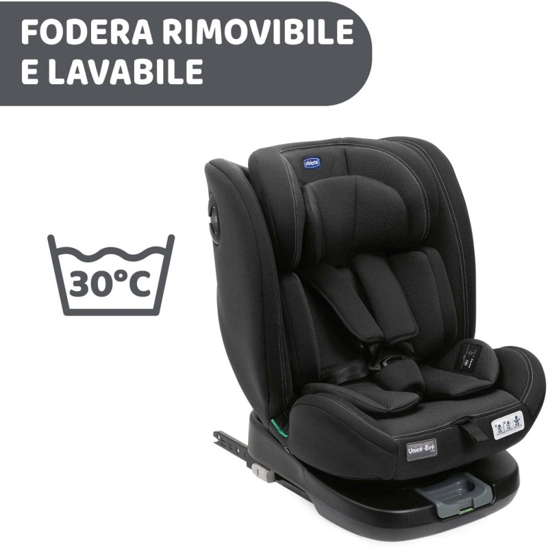 Chicco Unico Evo I-Size, Seggiolino Auto 0-36 Kg, omologato ECE R129/03, Isofix Girevole A 360° E Reclinabile, Gruppo 0+/1/2/3 Da 0 A 12 Anni - Nero