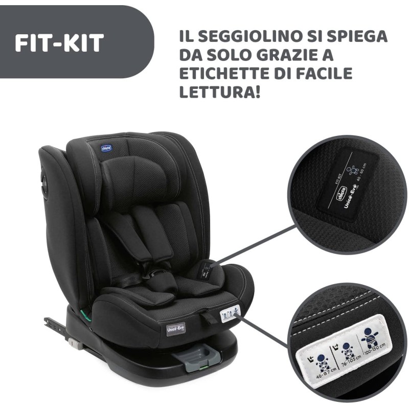 Chicco Unico Evo I-Size, Seggiolino Auto 0-36 Kg, omologato ECE R129/03, Isofix Girevole A 360° E Reclinabile, Gruppo 0+/1/2/3 Da 0 A 12 Anni - Nero