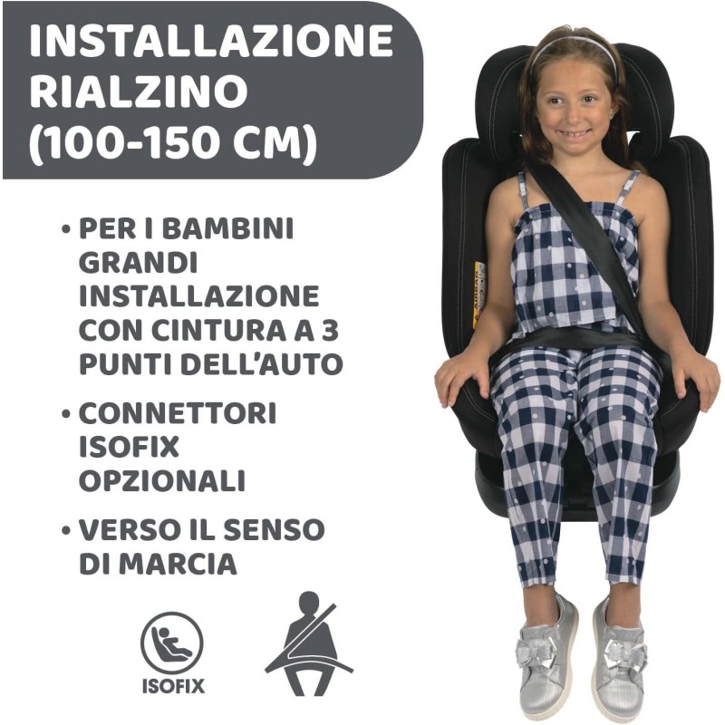 Chicco Unico Evo I-Size, Seggiolino Auto 0-36 Kg, omologato ECE R129/03, Isofix Girevole A 360° E Reclinabile, Gruppo 0+/1/2/3 Da 0 A 12 Anni - Nero