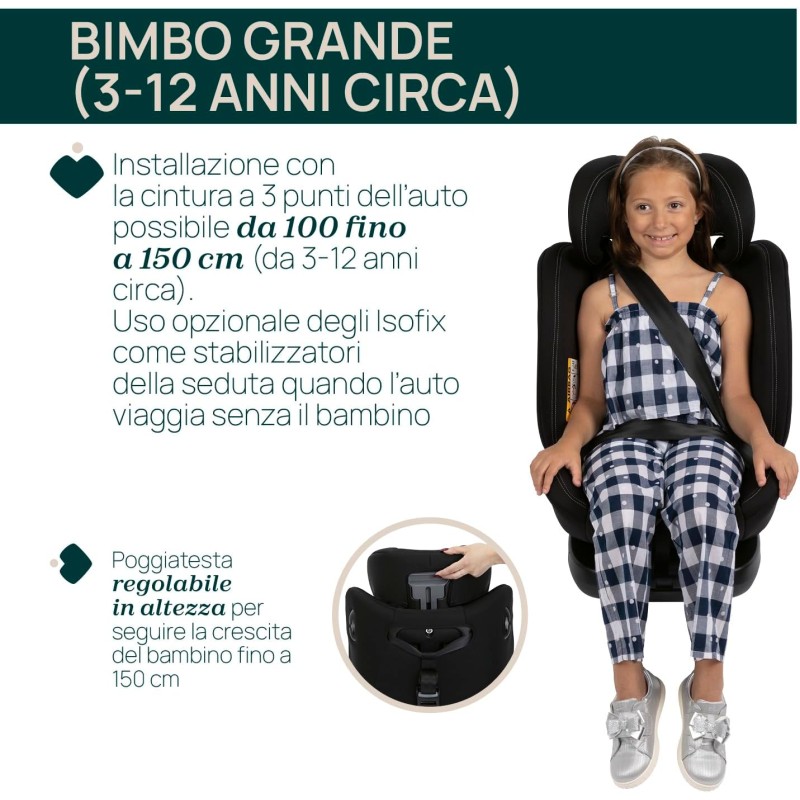 Chicco Unico Evo I-Size, Seggiolino Auto 0-36 Kg, omologato ECE R129/03, Isofix Girevole A 360° E Reclinabile, Gruppo 0+/1/2/3 Da 0 A 12 Anni - Nero