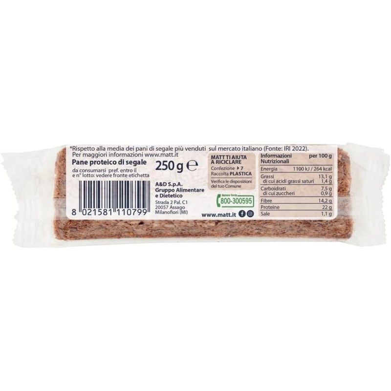 Matt, Pan Protein, Pane Proteico, Ricco di Proteine e a Basso Contenuto di Carboidrati, Pane di Segale Proteico e Ricco di Fibre, Confezione da 250 g