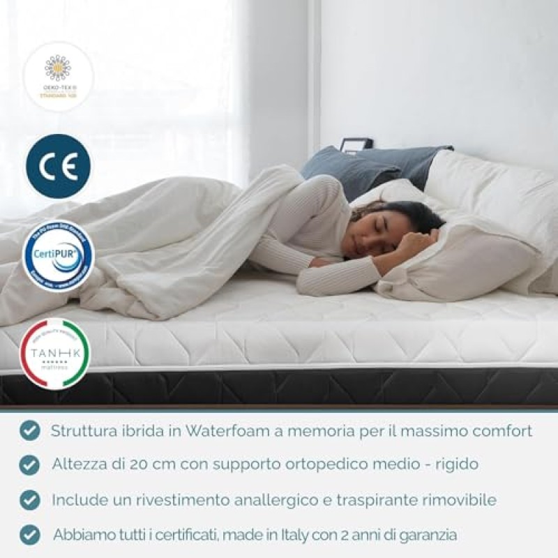 Materasso matrimoniale 160 x 190 Waterfoam 100% Made in Italy | Ergonomico e Ortopedico Sostegno Sostenuto | Elevata Traspirabilità, AirFoam | Sfoderabile | Anallergico, Antibatterico e Antiacaro - 160 x 190