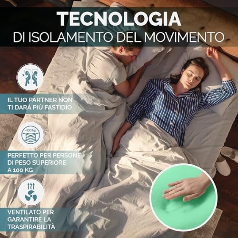 Materasso matrimoniale 160 x 190 Waterfoam 100% Made in Italy | Ergonomico e Ortopedico Sostegno Sostenuto | Elevata Traspirabilità, AirFoam | Sfoderabile | Anallergico, Antibatterico e Antiacaro - 160 x 190