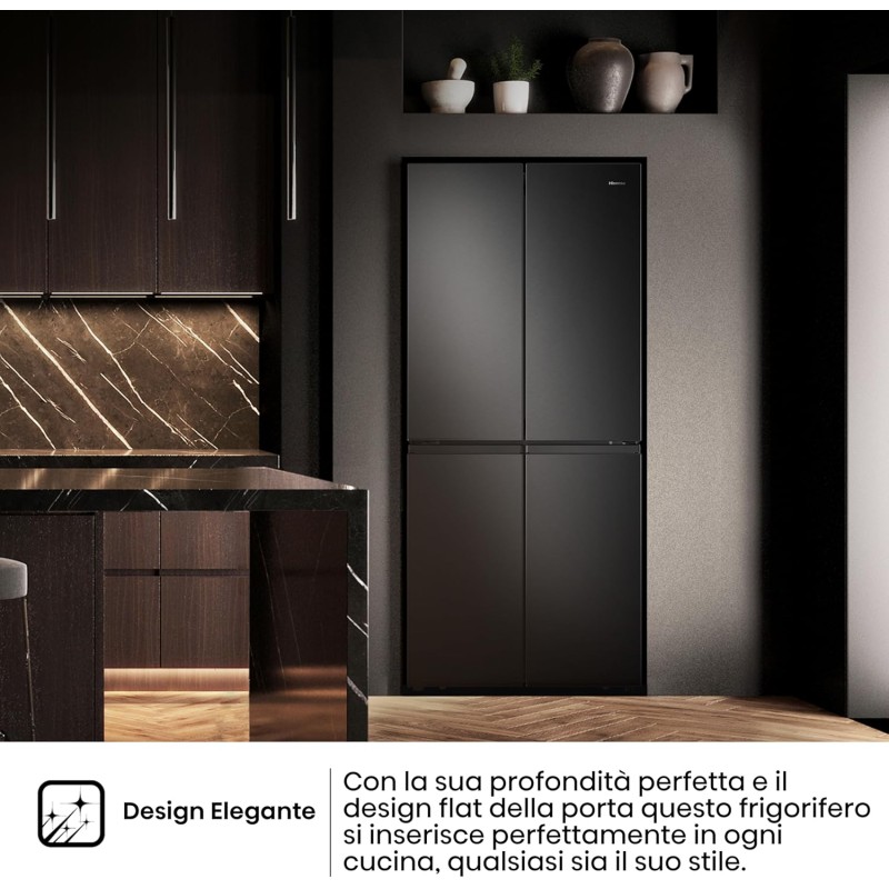 Hisense MQ79452FE Frigorifero Americano Quattro Porte, Total No Frost, Grande capacità 454 Litri, Nero, Illuminazione Sof LED, Dimensioni cm 70,6 P x 79,4 L x 181,7 H - 454 litri Black Inox