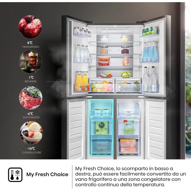 Hisense MQ79452FE Frigorifero Americano Quattro Porte, Total No Frost, Grande capacità 454 Litri, Nero, Illuminazione Sof LED, Dimensioni cm 70,6 P x 79,4 L x 181,7 H - 454 litri Black Inox