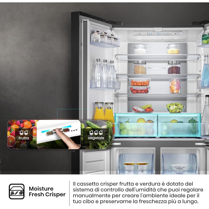 Hisense MQ79452FE Frigorifero Americano Quattro Porte, Total No Frost, Grande capacità 454 Litri, Nero, Illuminazione Sof LED, Dimensioni cm 70,6 P x 79,4 L x 181,7 H - 454 litri Black Inox
