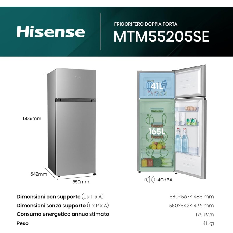 Hisense MTM55205SE Frigorifero Doppia Porta a Libera Installazione Modello 2022, 206 L, Silver, 143.4 x‎ 54.2 x 55 cm - 206 Litri Grigio