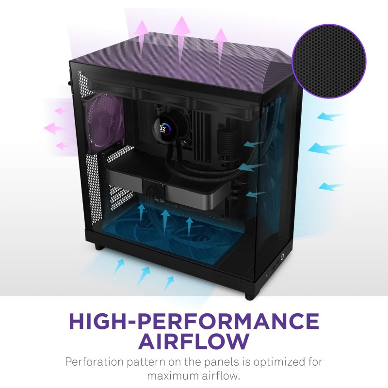NZXT H6 Flow, CC-H61FB-01, Case Mid-Tower Compatto a Doppia Camera con Flusso d'Aria, Pannelli in Vetro Panoramico, Flusso d'Aria ad Alte Prestazioni, Include 3 Ventole da 120 mm, Nero - Nero / puro piacere NZXT H6 Flow, CC-H61FB-01, Case Mid-Tower Compatto a Doppia Camera con Flusso d'Aria, Pannelli in Vetro Panoramico, Flusso d'Aria ad Alte Prestazioni, Include 3 Ventole da 120 mm, Nero - Nero / puro piacere