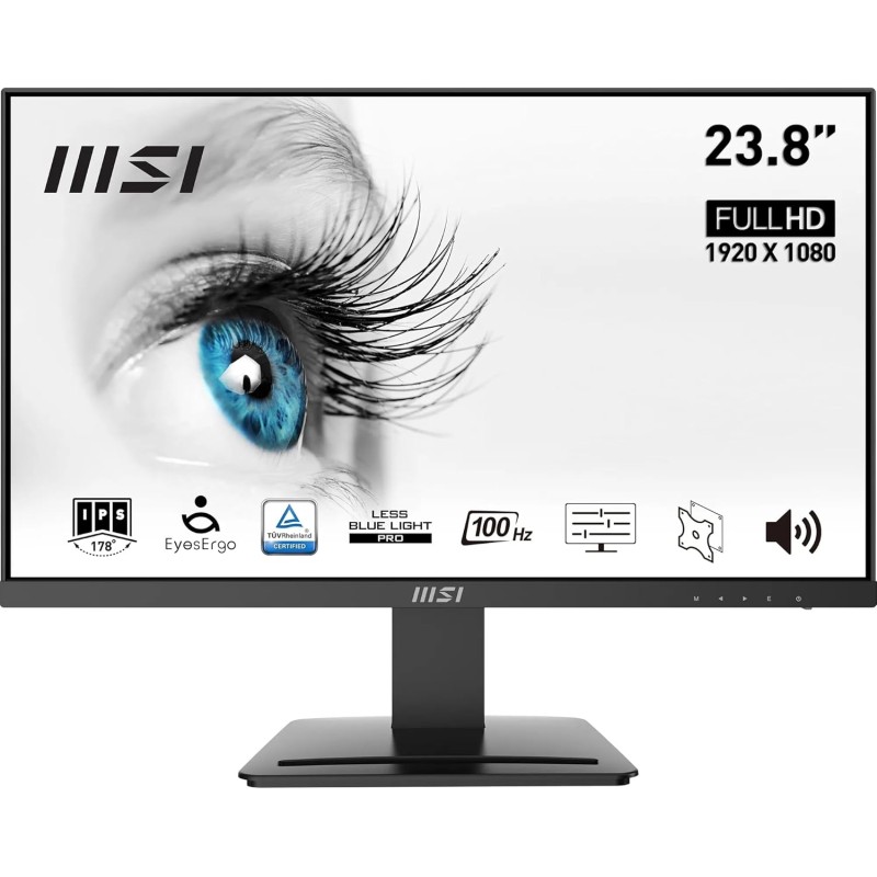 MSI PRO MP243X Monitor 24" IPS FHD (1920x1080), 100Hz, 1ms, altoparlanti integrati, Eye-friendly, FreeSync, 1x HDMI e 1x DP, VESA - 24" Nero MSI PRO MP243X Monitor 24" IPS FHD (1920x1080), 100Hz, 1ms, altoparlanti integrati, Eye-friendly, FreeSync, 1x HDMI e 1x DP, VESA - 24" Nero