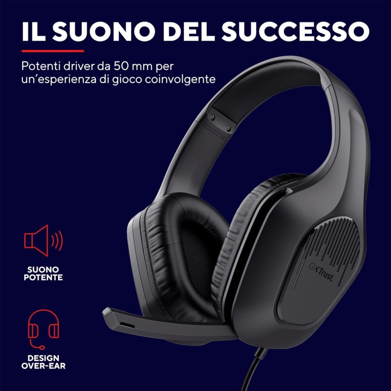 Trust Gaming GXT 415 Zirox Cuffie Gaming Leggere con Driver da 50 mm per PC, Xbox, PS4, PS5, Switch, Mobile, Jack Audio 3.5 mm, Cavo 2m, Cuffie con Microfono Over-Ear - Nero - Nero