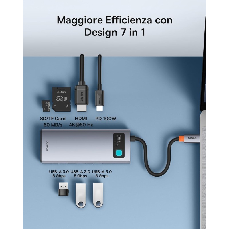 Baseus Hub USB C 7 in 1 Adattatore con HDMI 4K@60Hz, PD 100W, 3 USB-A 3.0 5Gbps, Lettore Schede SD/TF, Docking Station per Computer Portatili per MacBook/Surface Pro/iPad/Steam Deck/Rog Ally/Samsung
