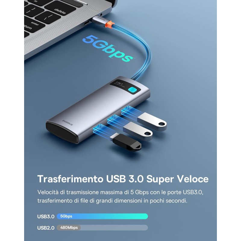 Baseus Hub USB C 7 in 1 Adattatore con HDMI 4K@60Hz, PD 100W, 3 USB-A 3.0 5Gbps, Lettore Schede SD/TF, Docking Station per Computer Portatili per MacBook/Surface Pro/iPad/Steam Deck/Rog Ally/Samsung