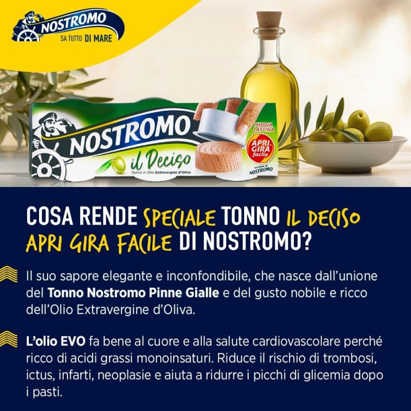 Nostromo - Tonno Apri Gira Facile il Deciso, 3 lattine da 65gr. Tonno all’Olio Extravergine di Oliva. Facile da servire, pronto da gustare. - 65 g (Confezione da 3)