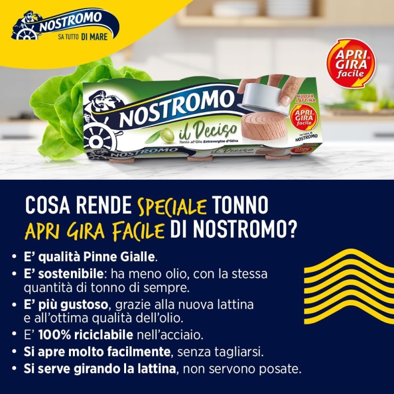 Nostromo - Tonno Apri Gira Facile il Deciso, 3 lattine da 65gr. Tonno all’Olio Extravergine di Oliva. Facile da servire, pronto da gustare. - 65 g (Confezione da 3)