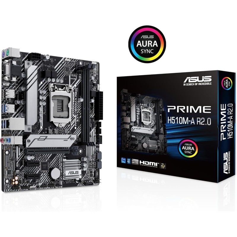 ASUS PRIME H510M-A R2.0 Scheda madre Intel Micro ATX, DDR4 LGA 1200, 4 SATA 6Gb/s, slot M.2, Ethernet Realtek, DisplayPort, HDMI, USB 3.2 Gen 2 e Type-C, Aura Sync
