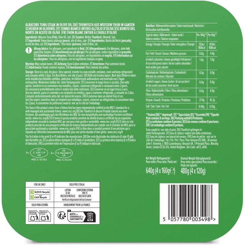 by Amazon MSC Tonno Bianco Intero All'olio D'oliva, 4x160g - 160 g (Confezione da 4)