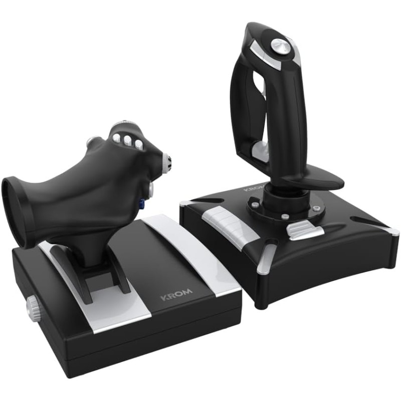 KROM K-FLIGHT - Set di joystick, simulatori di volo, stick per acceleratore/sterzo, modalità di vibrazione interna, impugnatura sintetica, 2 assi, 2 POV, 16 pulsanti, PC, PS4, Xbox One, Nero