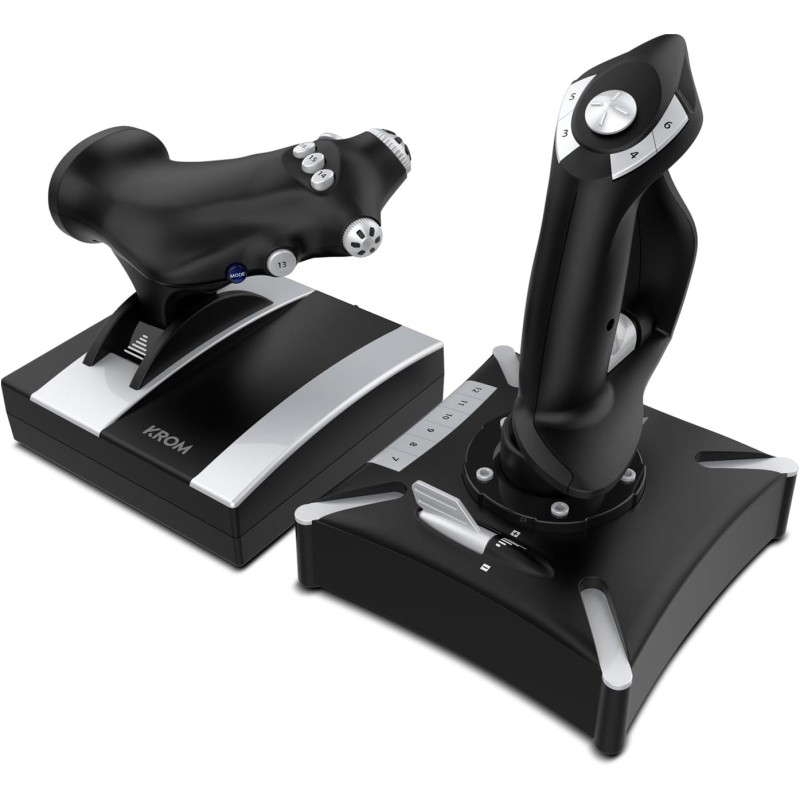 KROM K-FLIGHT - Set di joystick, simulatori di volo, stick per acceleratore/sterzo, modalità di vibrazione interna, impugnatura sintetica, 2 assi, 2 POV, 16 pulsanti, PC, PS4, Xbox One, Nero