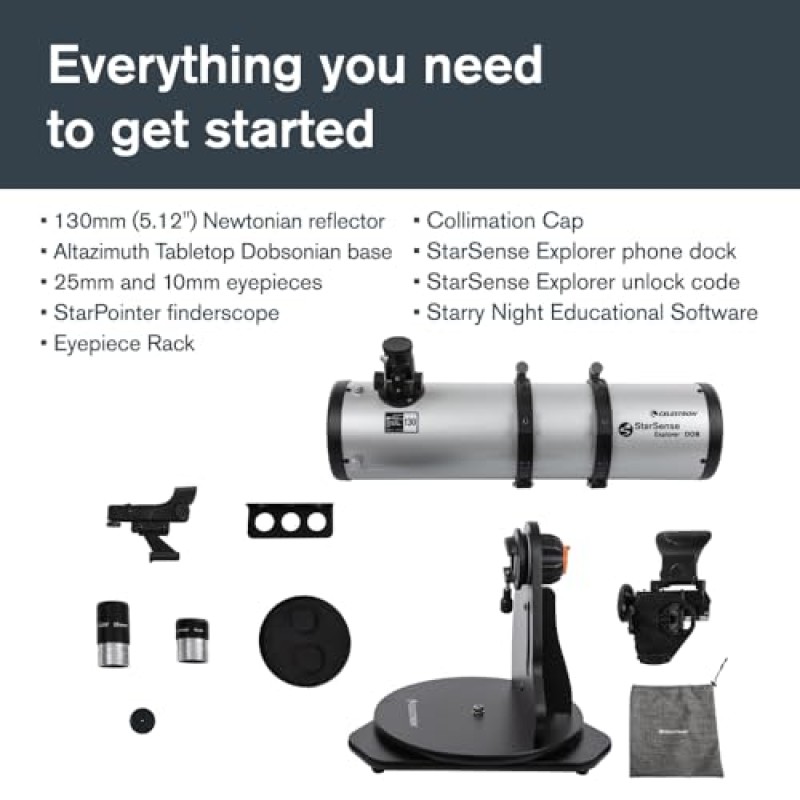 Celestron 22481 StarSense Explorer 130 mm Dobsoniano da tavolo Telescopio compatibile con app per smartphone Funziona con l'app StarSense – Compatibile con iOS/Android Celestron 22481 StarSense Explorer 130 mm Dobsoniano da tavolo Telescopio compatibile con app per smartphone Funziona con l'app StarSense – Compatibile con iOS/Android