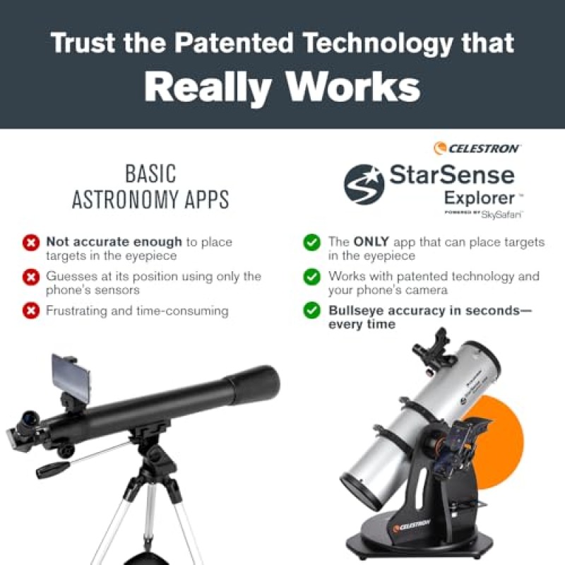 Celestron 22481 StarSense Explorer 130 mm Dobsoniano da tavolo Telescopio compatibile con app per smartphone Funziona con l'app StarSense – Compatibile con iOS/Android Celestron 22481 StarSense Explorer 130 mm Dobsoniano da tavolo Telescopio compatibile con app per smartphone Funziona con l'app StarSense – Compatibile con iOS/Android