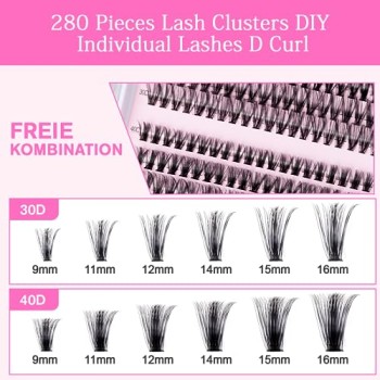 Ciglia Finte Ciuffetti Set, 280 pezzi 9 11 12 13 14 15 16 mm set di ciglia con Pinzetta Extension Ciglia per trucco fai da te lash extensions, Nero - 1 unità (Confezione da 1)
