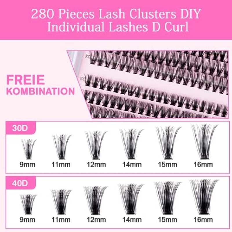 Ciglia Finte Ciuffetti Set, 280 pezzi 9 11 12 13 14 15 16 mm set di ciglia con Pinzetta Extension Ciglia per trucco fai da te lash extensions, Nero - 1 unità (Confezione da 1)