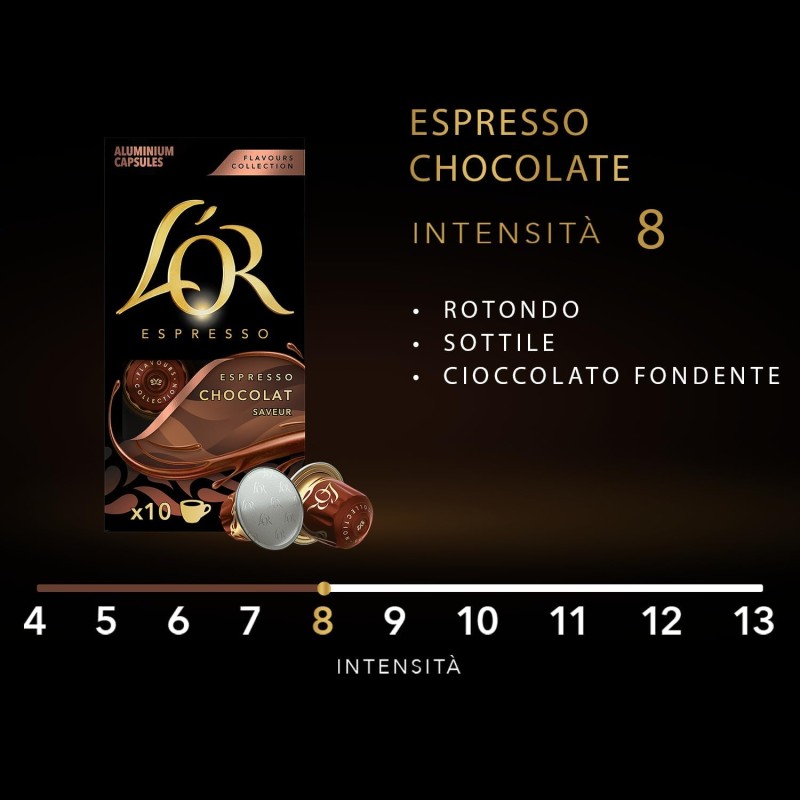 L'Or - Capsule Caffè Espresso Chocolat - 100 Capsule in Alluminio - Intensità 8 - Compatibili con Macchine Nespresso®* original - 10 Pacchetti da 10 Capsule (Totale 100 Capsule) - 10 unità (Confezione da 10) L'Or - Capsule Caffè Espresso Chocolat - 100 Capsule in Alluminio - Intensità 8 - Compatibili con Macchine Nespresso®* original - 10 Pacchetti da 10 Capsule (Totale 100 Capsule) - 10 unità (Confezione da 10)