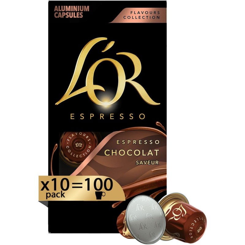 L'Or - Capsule Caffè Espresso Chocolat - 100 Capsule in Alluminio - Intensità 8 - Compatibili con Macchine Nespresso®* original - 10 Pacchetti da 10 Capsule (Totale 100 Capsule) - 10 unità (Confezione da 10) L'Or - Capsule Caffè Espresso Chocolat - 100 Capsule in Alluminio - Intensità 8 - Compatibili con Macchine Nespresso®* original - 10 Pacchetti da 10 Capsule (Totale 100 Capsule) - 10 unità (Confezione da 10)