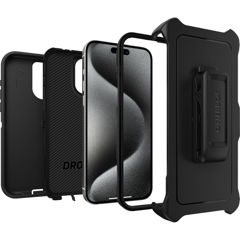 OtterBox Cover per iPhone 15 Pro Max Defender, resistente a shock e cadute, cover ultra robusta, testata 5x vs norme MIL-STD 810G,Nero - iPhone 15 Pro Max Nero