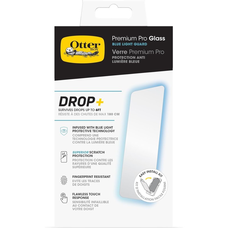 OtterBox Pellicola protettiva in Vetro temperato Premium Pro Blue Light per iPhone 15 Pro Max con trattamento antimicrobico, Protezione antigraffio, graffi e cadute da 1.8m - iPhone 15 Pro Max