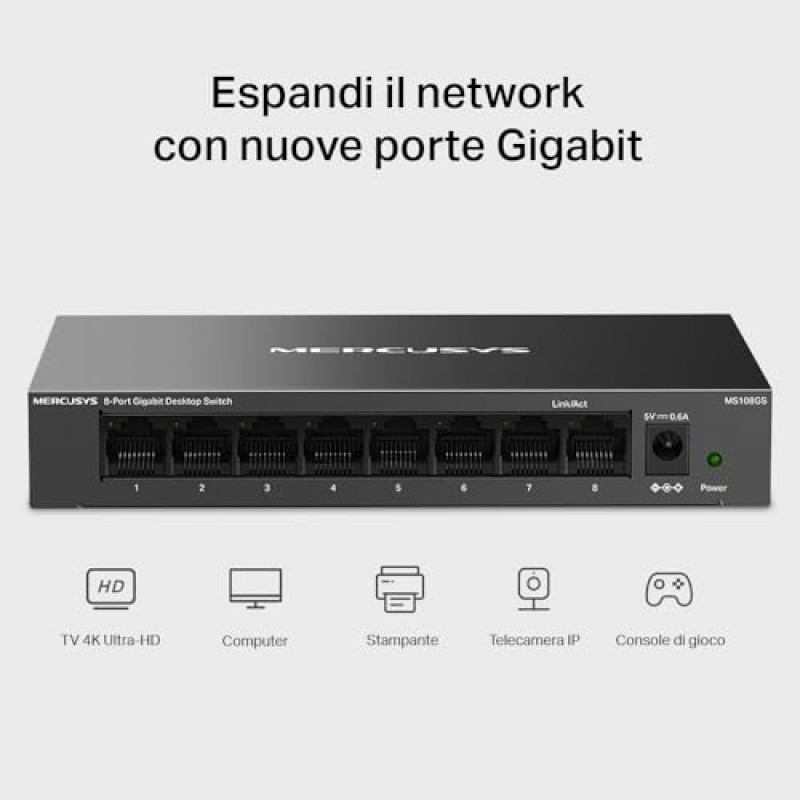 TP-Link Mercusys MS108GS Switch Ethernet 8 Porte Gigabit, Sdoppiatore Ethernet, Switch Gigabit per la Casa e l'Ufficio, Plug e Play, Montaggio Desktop, Cassa in Metallo, Durevole e Silenzioso