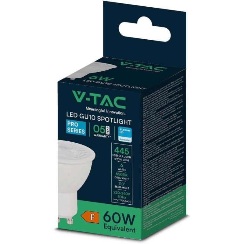 V-TAC Lampadine LED GU10-6W (Equivalenti a 60W) - 445 Lumen - Alta Luminosità - Faretto Led GU10 per Massima Efficienza e Risparmio Energetico - Luce Fredda 6400K