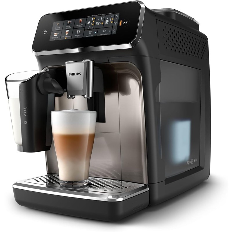 PHILIPS Serie 3300 Macchina da caffè automatica - 6 tipi di bevande, Display touch screen a colori, LatteGo, SilentBrew, Macinacaffè in ceramica al 100%, Filtro AquaClean. Cromato nero (EP3347/90) - 6 bevande Cromo Nero