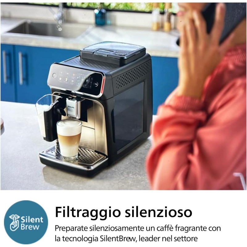 PHILIPS Serie 3300 Macchina da caffè automatica - 6 tipi di bevande, Display touch screen a colori, LatteGo, SilentBrew, Macinacaffè in ceramica al 100%, Filtro AquaClean. Cromato nero (EP3347/90) - 6 bevande Cromo Nero