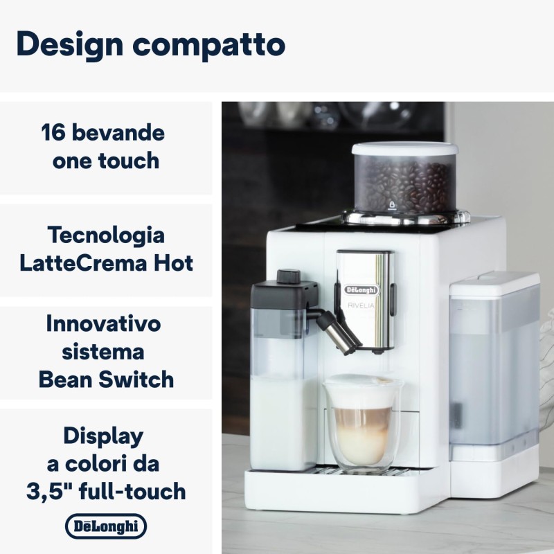 De'Longhi Rivelia Perfetto EXAM440.55.W Macchina da Caffè Automatica, Chicchi Macinati al Momento, Portachicchi Intercambiabile, Caraffa Montalatte Automatica, Display Touch a Colori, 1450W, Bianca - Arctic White De'Longhi Rivelia Perfetto EXAM440.55.W Macchina da Caffè Automatica, Chicchi Macinati al Momento, Portachicchi Intercambiabile, Caraffa Montalatte Automatica, Display Touch a Colori, 1450W, Bianca - Arctic White