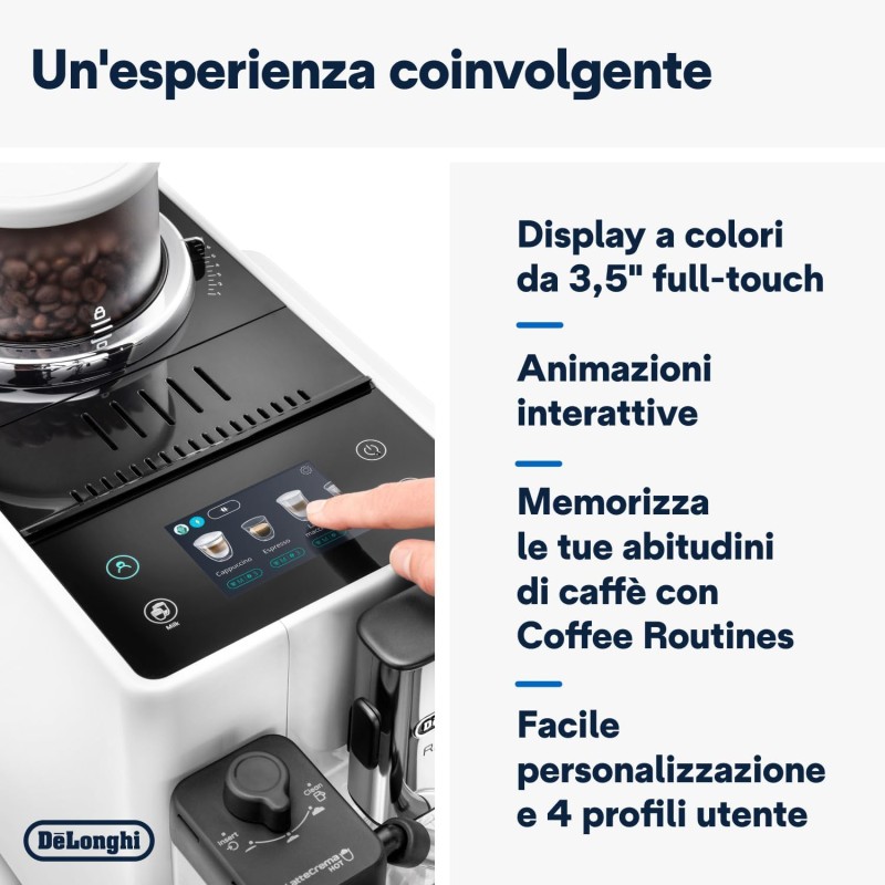 De'Longhi Rivelia Perfetto EXAM440.55.W Macchina da Caffè Automatica, Chicchi Macinati al Momento, Portachicchi Intercambiabile, Caraffa Montalatte Automatica, Display Touch a Colori, 1450W, Bianca - Arctic White De'Longhi Rivelia Perfetto EXAM440.55.W Macchina da Caffè Automatica, Chicchi Macinati al Momento, Portachicchi Intercambiabile, Caraffa Montalatte Automatica, Display Touch a Colori, 1450W, Bianca - Arctic White