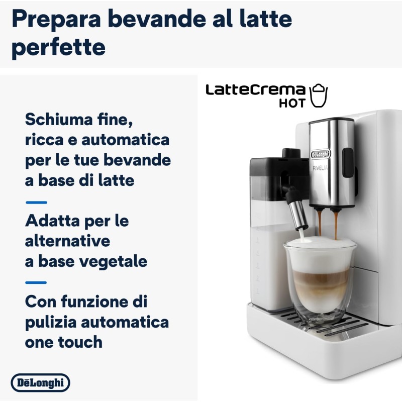De'Longhi Rivelia Perfetto EXAM440.55.W Macchina da Caffè Automatica, Chicchi Macinati al Momento, Portachicchi Intercambiabile, Caraffa Montalatte Automatica, Display Touch a Colori, 1450W, Bianca - Arctic White De'Longhi Rivelia Perfetto EXAM440.55.W Macchina da Caffè Automatica, Chicchi Macinati al Momento, Portachicchi Intercambiabile, Caraffa Montalatte Automatica, Display Touch a Colori, 1450W, Bianca - Arctic White