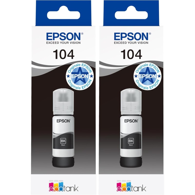 Epson Title EcoTank, Serie 104, Flacone Inchiostro per Stampanti EcoTank, Single Pack 1 Colore (Nero), 65 ml, Inchiostri Dye e Pigmentati (Confezione da 2) - 65ml Nero Epson Title EcoTank, Serie 104, Flacone Inchiostro per Stampanti EcoTank, Single Pack 1 Colore (Nero), 65 ml, Inchiostri Dye e Pigmentati (Confezione da 2) - 65ml Nero